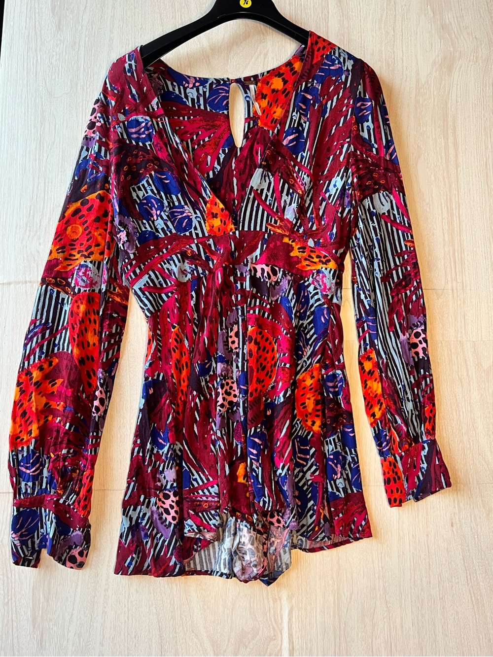 Free People Multicolor V-Neck Tie-Front Long Sleeve Blouse - Picture 2 of 3